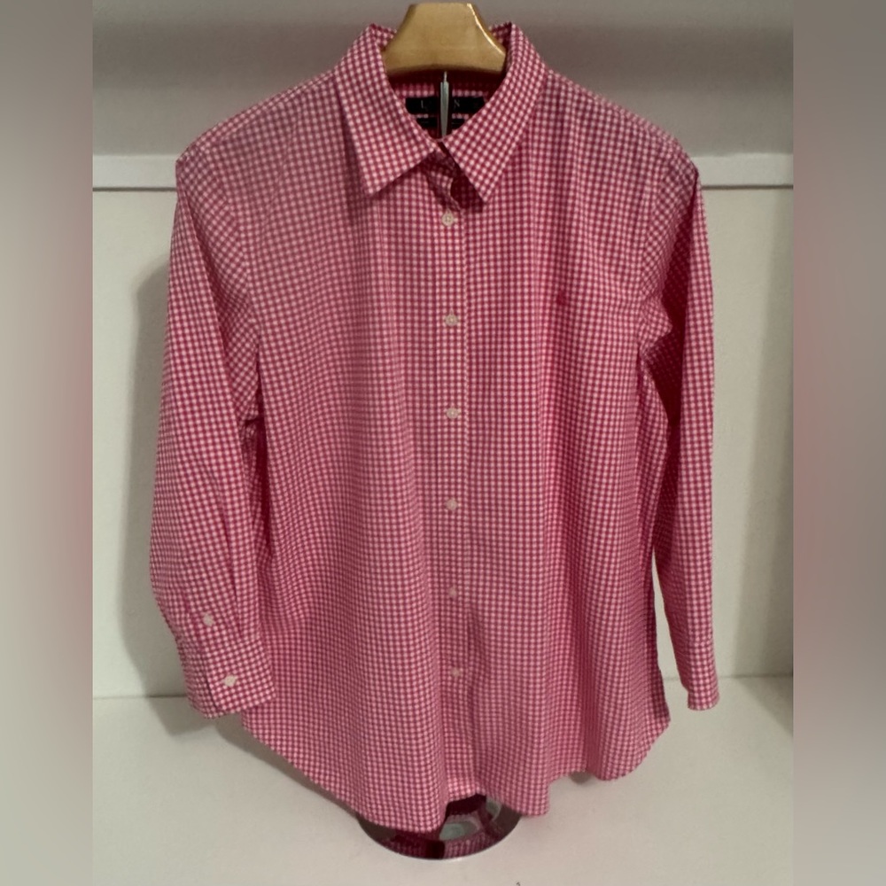 Lauren Ralph Lauren Gingham Check 3/4 Sleeve Button Down Checkered Shirt Large